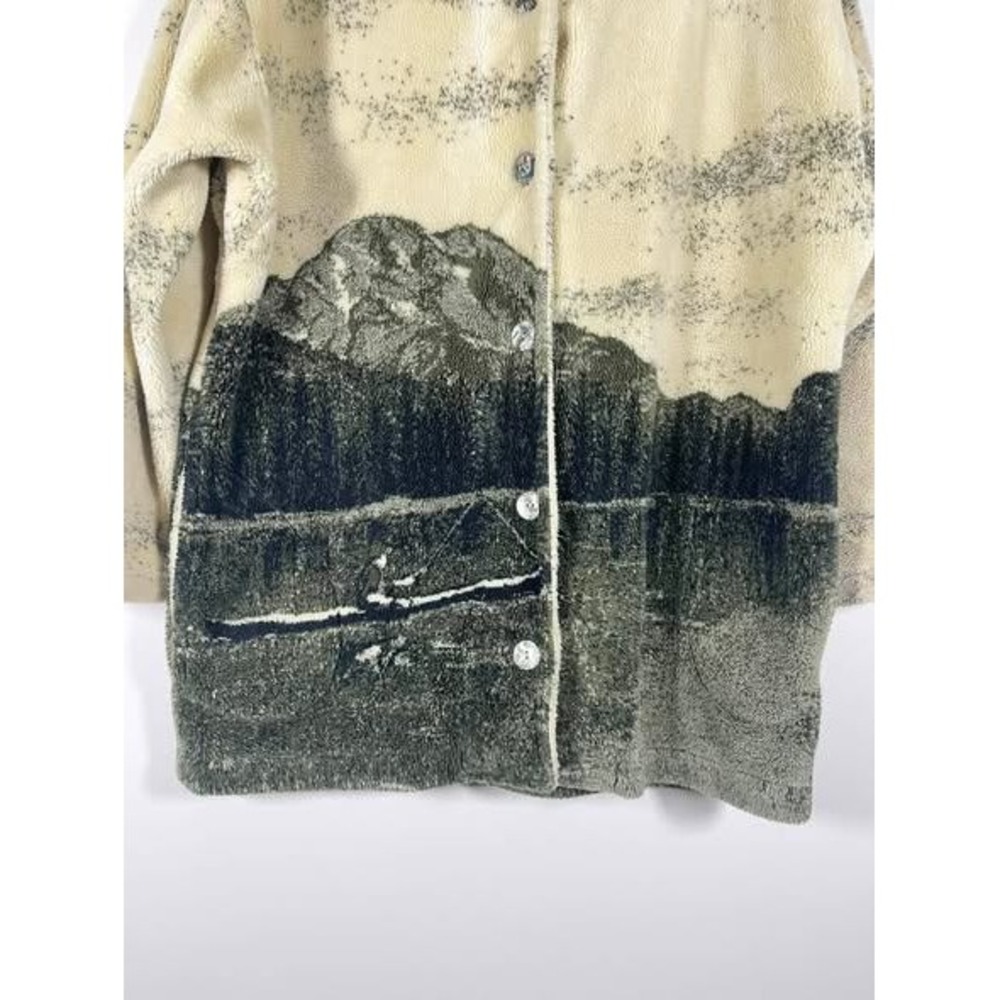 VTG Laura M Scenic Mountains Fishing Fleece Jacket Wms Medium Cream Green 90s - Picture 4 of 10